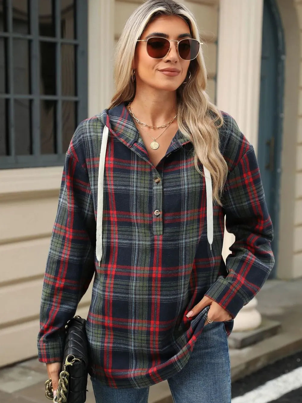 Drawstring Plaid Hooded Long Sleeve Top (9)