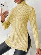 Ribbed Turtleneck Long Sleeve Slit T-shirt (9)
