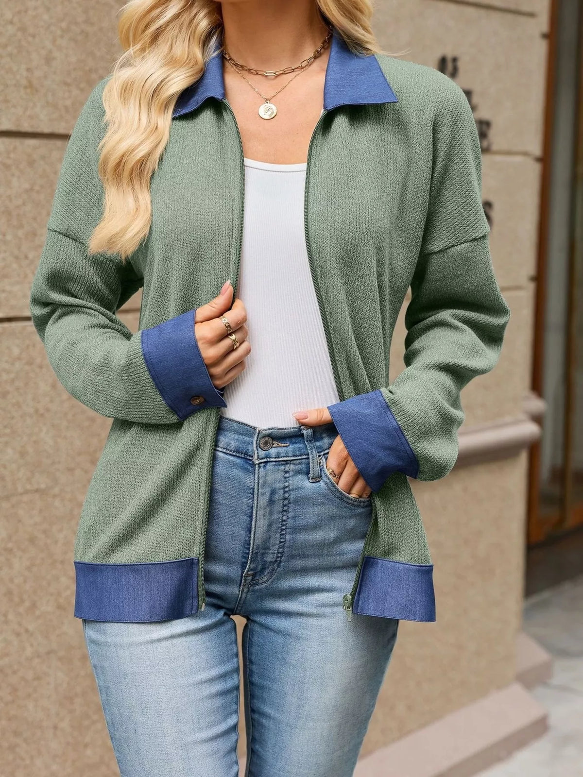 Contrast Denim Collar Zip Up Outerwear (22)