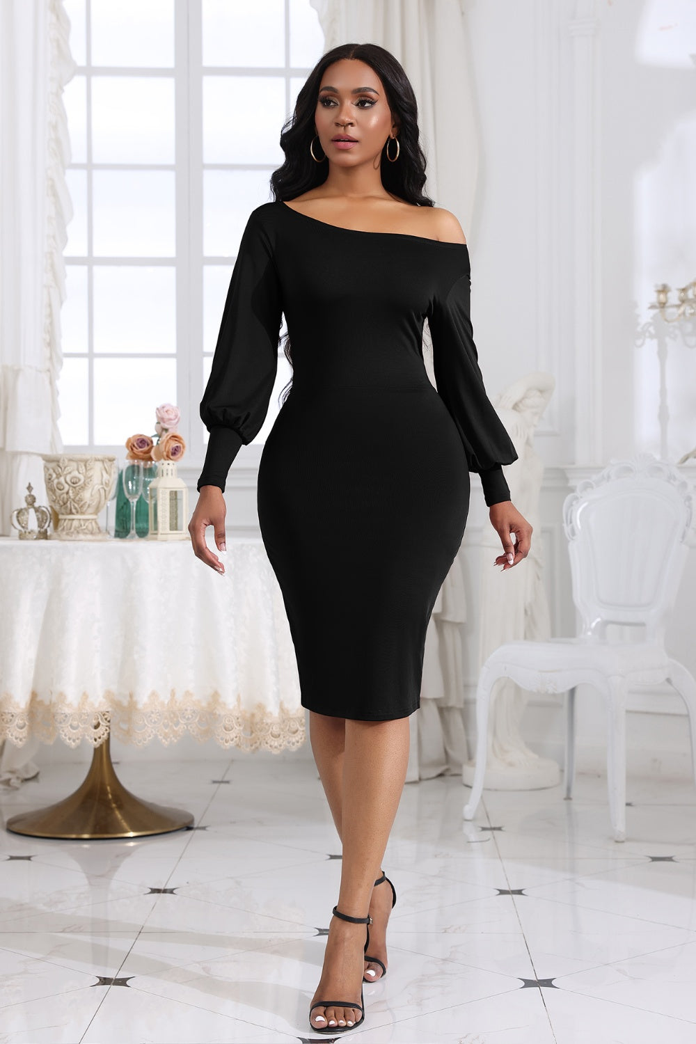Boat Neck Lantern Sleeve Dress (4)
