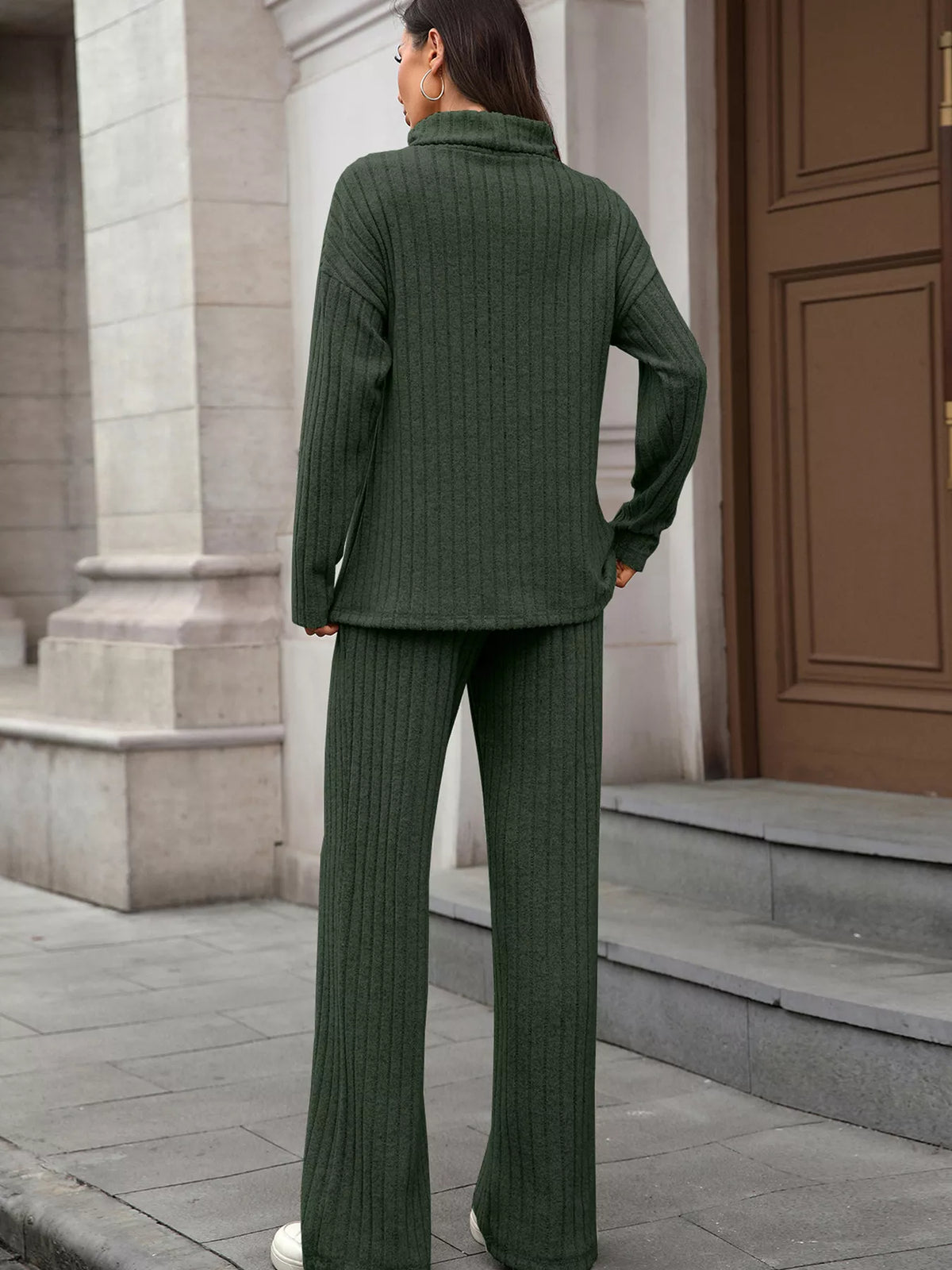 Ribbed Turtleneck Dropped Shoulder Top Pants Sweater Set (14)