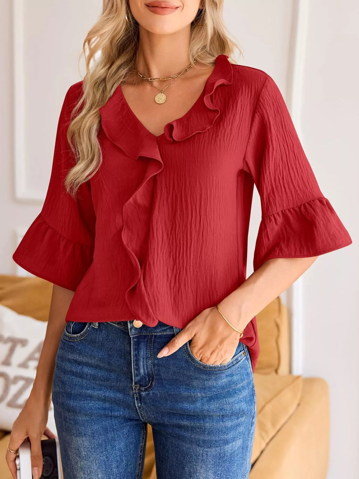 Ruffle Trim V-neck Blouse (14)