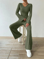 Ribbed V-neck Long Sleeve Top Pocketed Pants Set (8)
