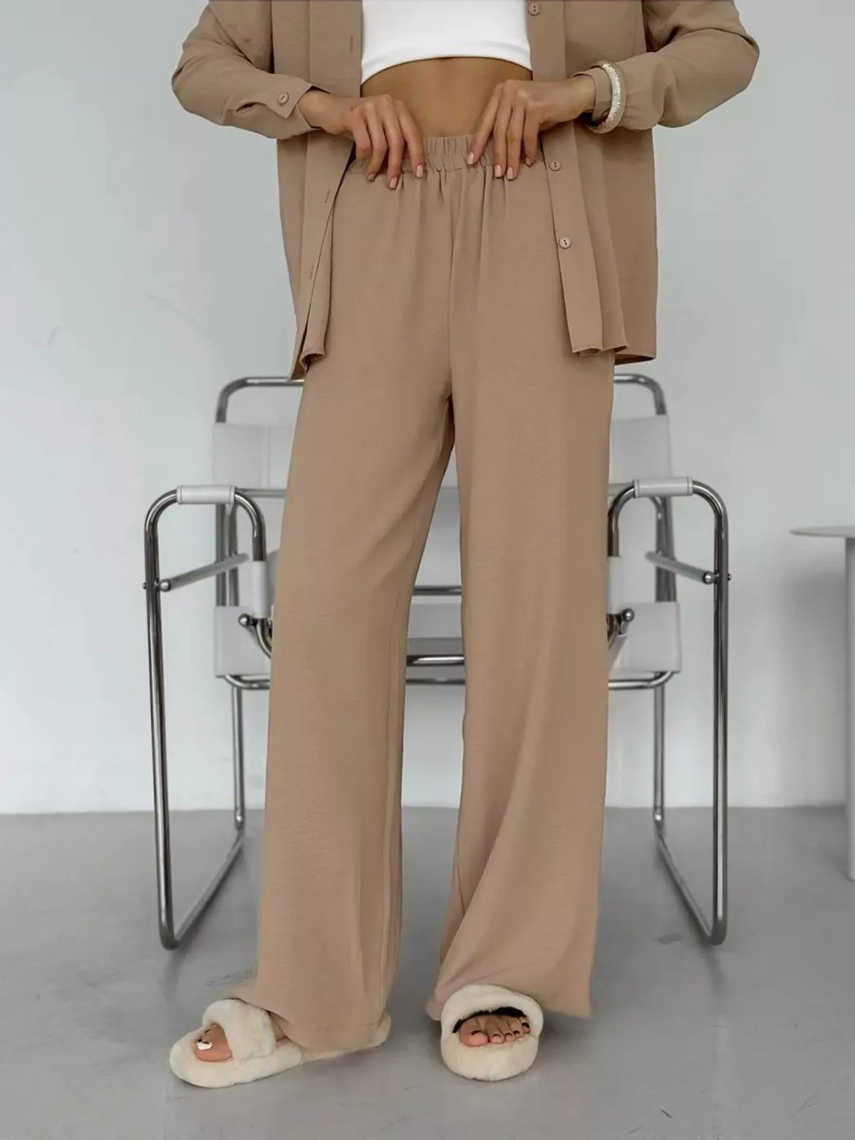Relaxed Fit Shirt Wide Leg Pants Set (20)