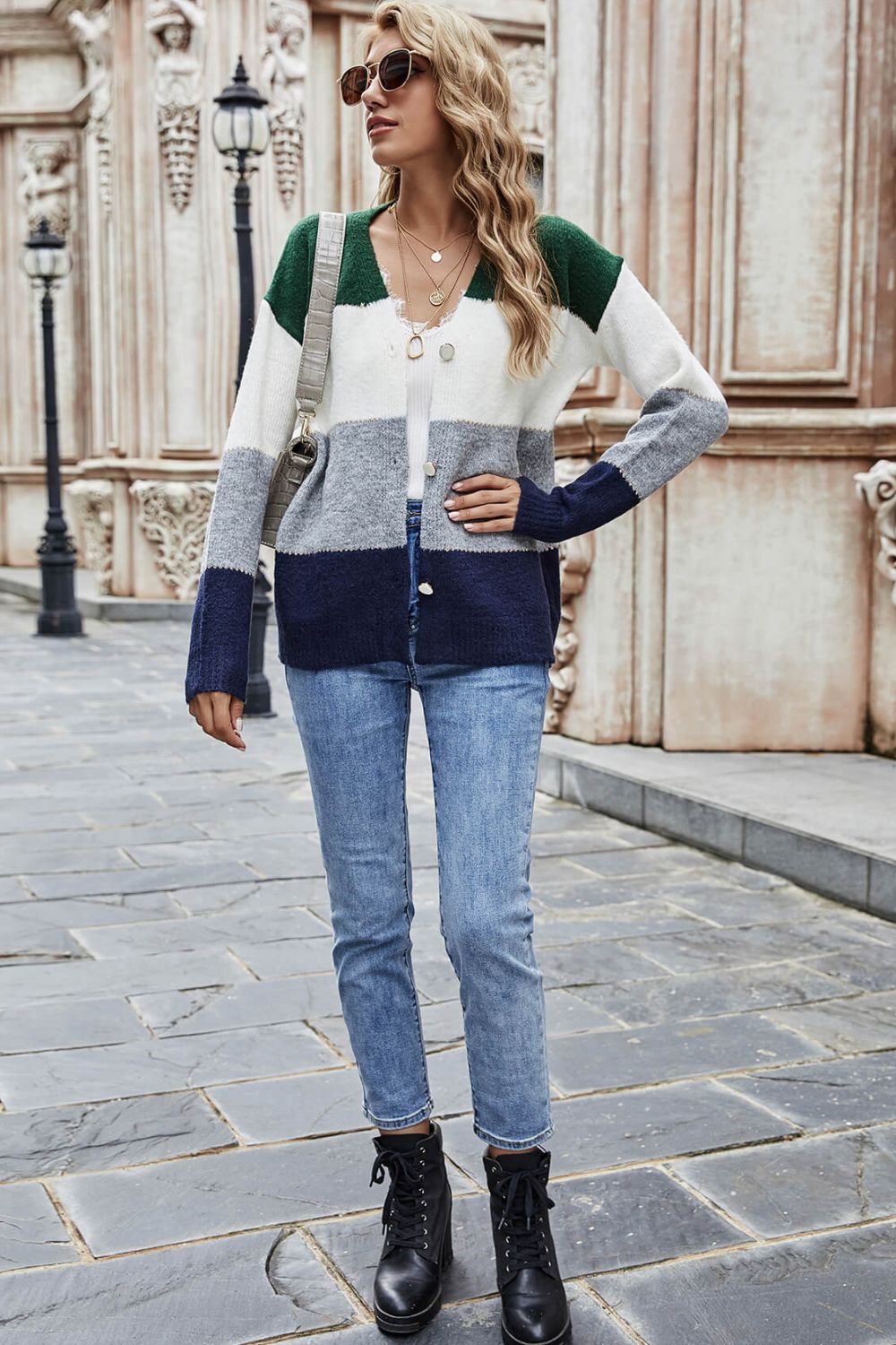 Block V-neck Button Down Cardigan (15)