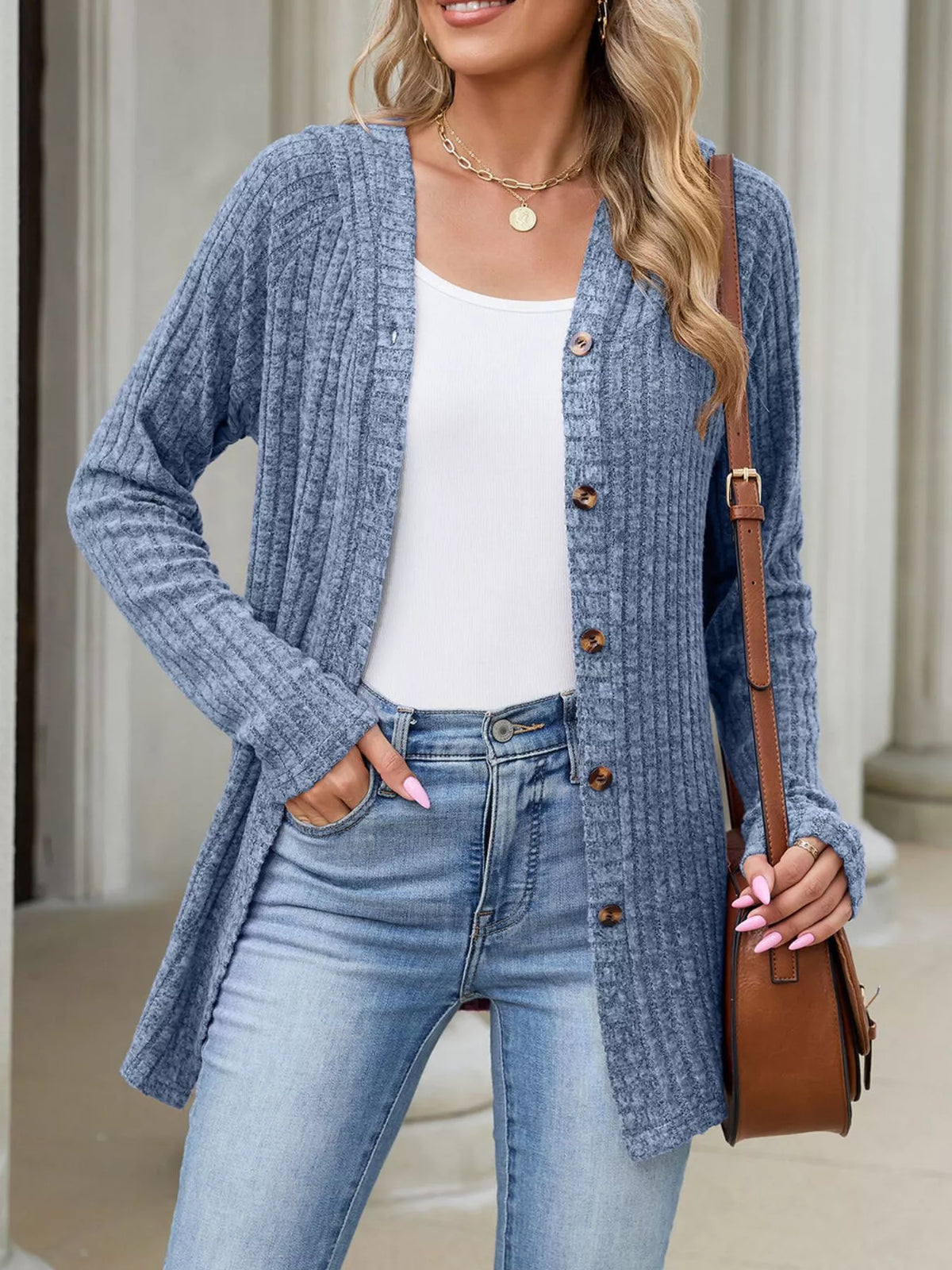 Ribbed Knit Hooded Button-down Cardigan (25)