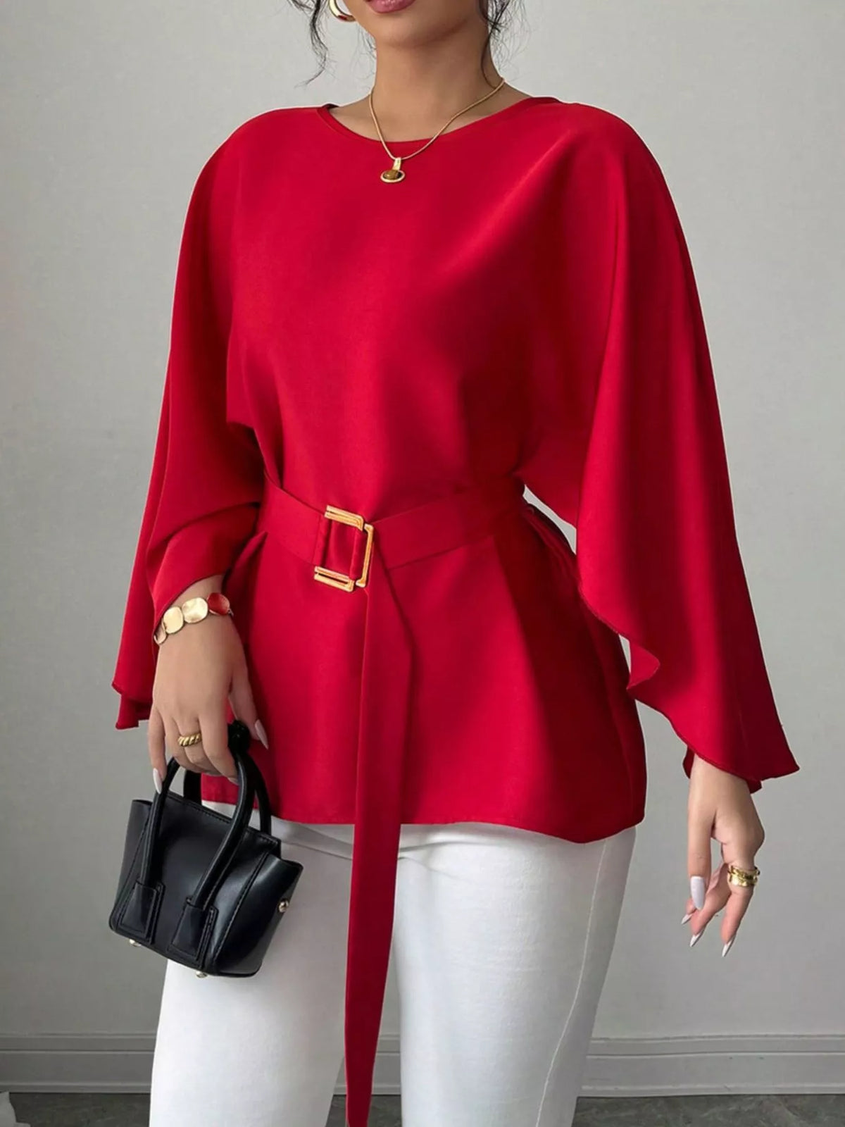 Batwing Sleeve Belted Blouse (11)