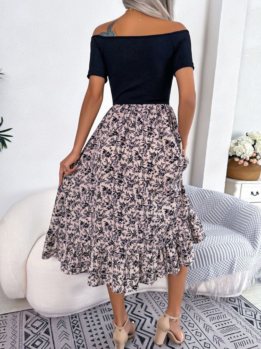 Printed Off-shoulder Ruffle Hem Dress (9)