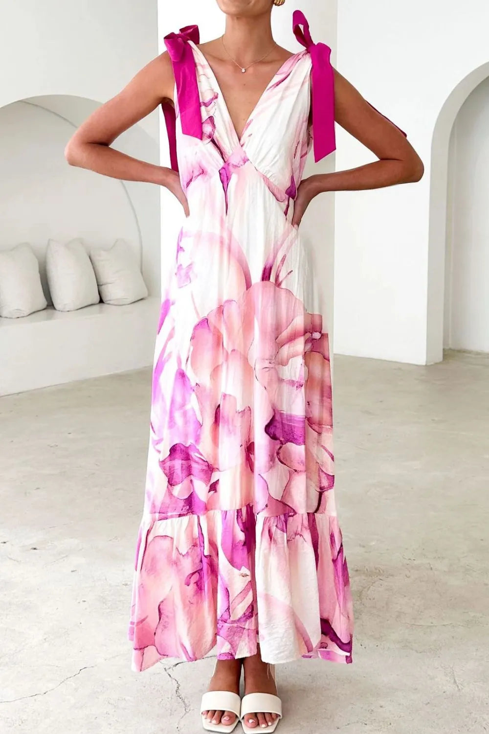 Printed V-neck Tie Shoulder Midi Cami Dress (17)