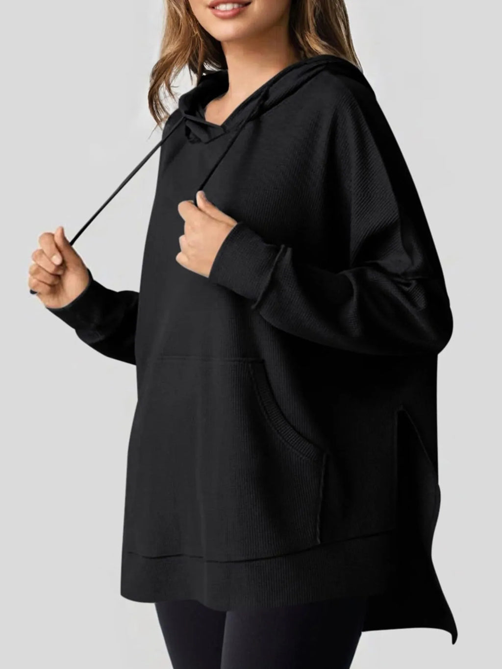 Slit Drawstring Waffle Knit Hoodie (7)