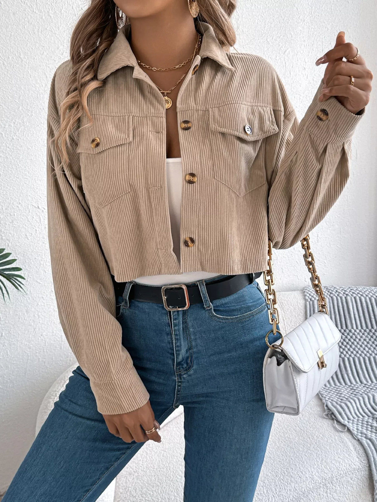 Corduroy Button-up Dropped Shoulder Jacket (14)
