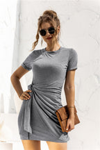 Round Neck Cuffed Sleeve Side Tie Dress (13)