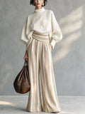 Full Size Mock Neck Top Striped Wide-leg Pants Set Plus
