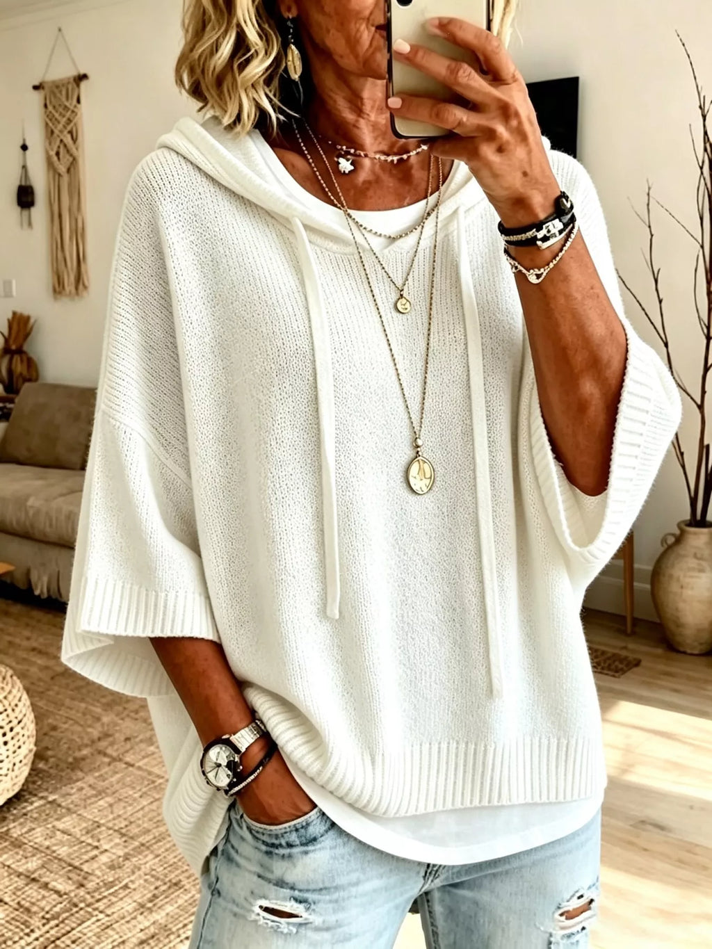 Full Size Casual Hooded Batwing Sleeve Knit Sweater Plus