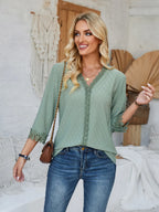 Lace Detail V-neck Three-quarter Sleeve Blouse (6)