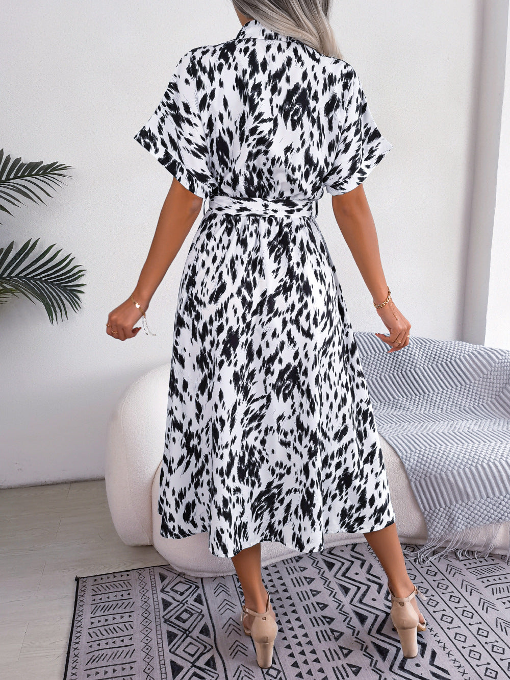 Printed Collared Neck Short Sleeve Tie Waist Dress (2)