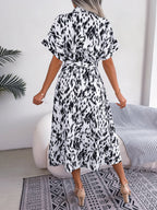 Printed Collared Neck Short Sleeve Tie Waist Dress (2)