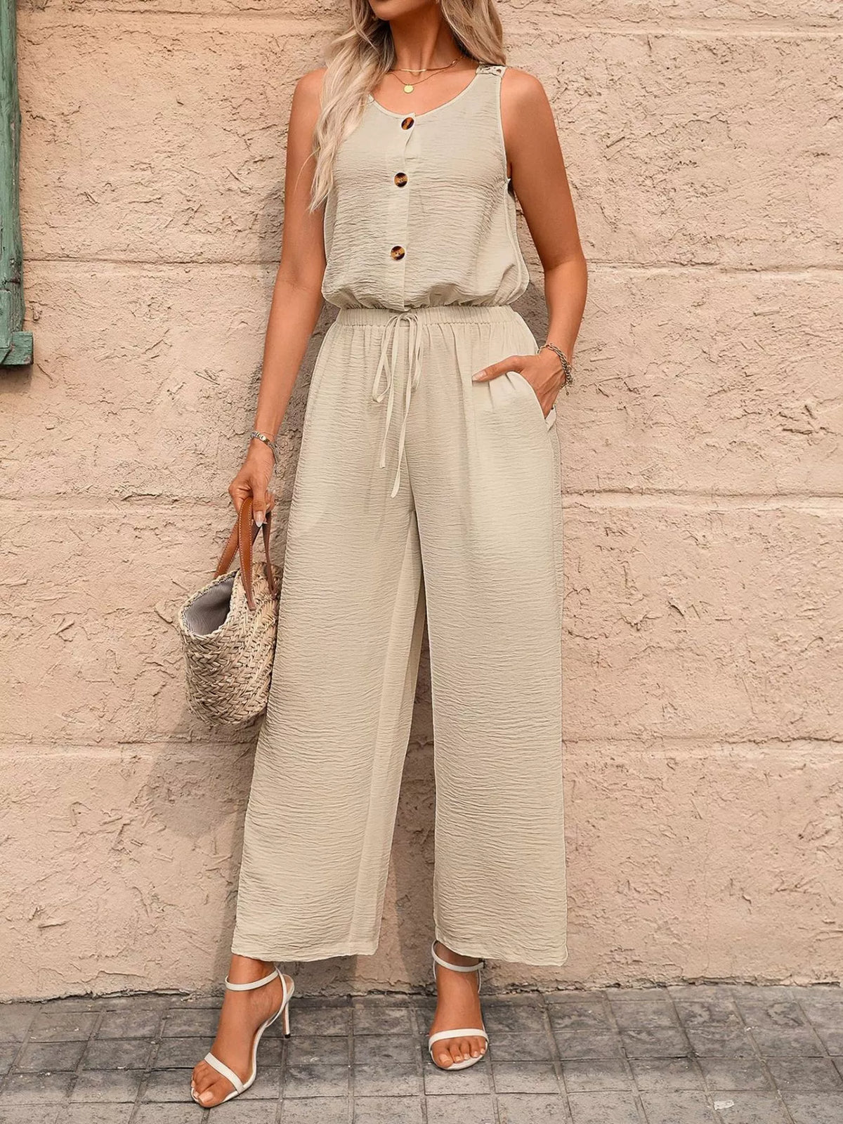 Sleeveless Button-front Wide Leg Jumpsuit (7)