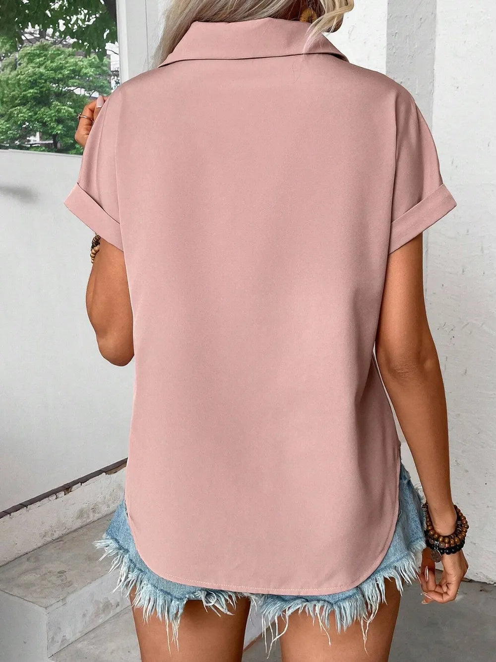 Pleated Detail Collared Neck Short Sleeve Shirt (23)