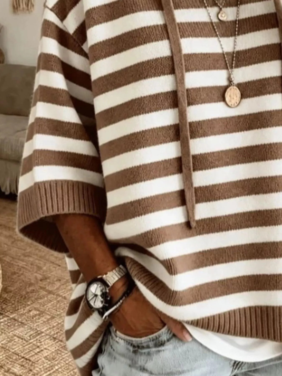 Casual Striped Hooded Knit Sweater (4)