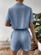 Contrast Lapel Collar Cropped Shirt Shorts Lounge Set (2)