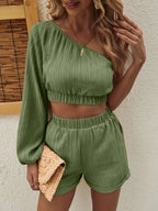 One Shoulder Long Sleeve Top Shorts Set (2)