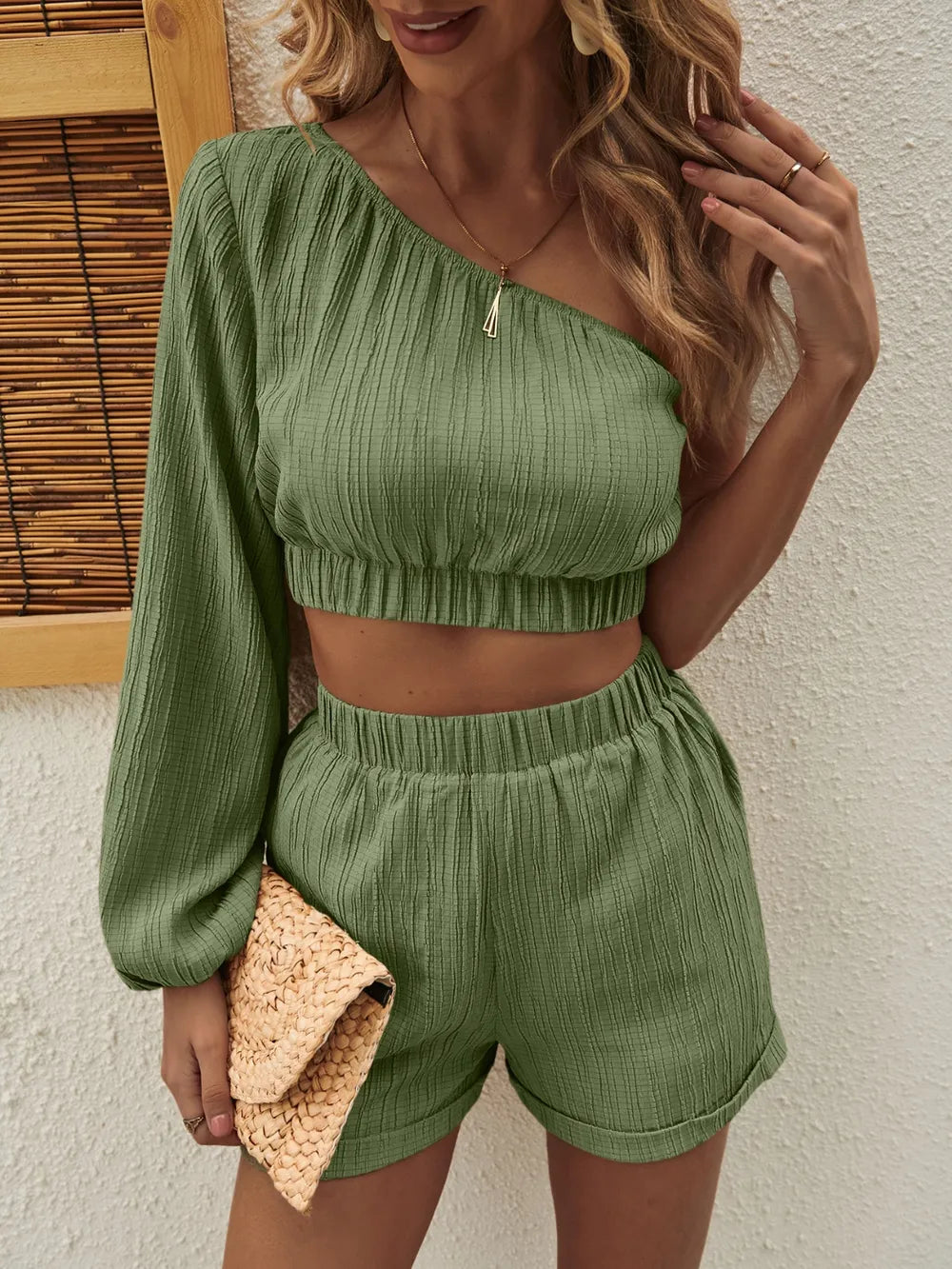 One Shoulder Long Sleeve Top Shorts Set (2)