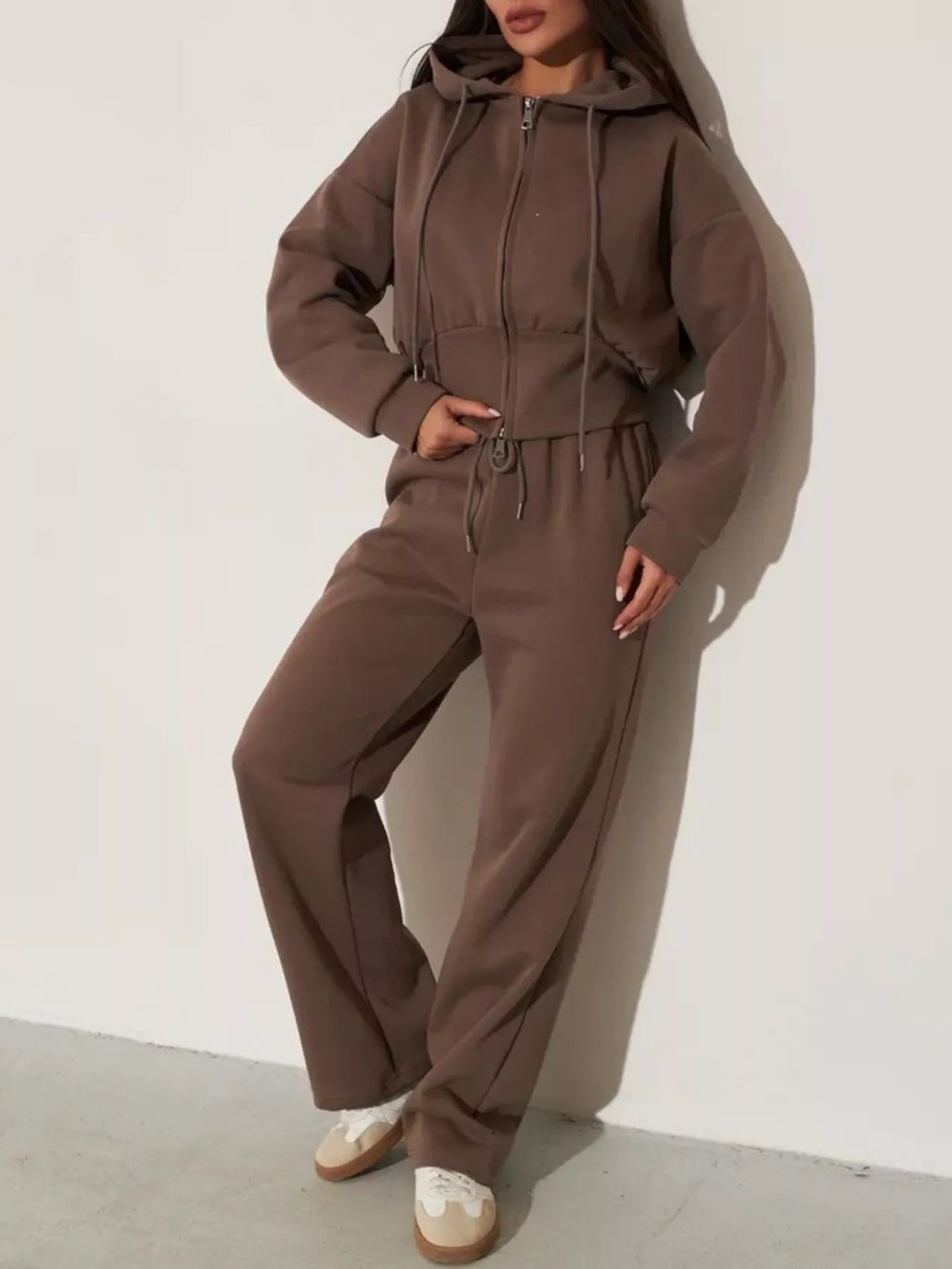 Zip-up Hoodie Wide-leg Pants Set (19)