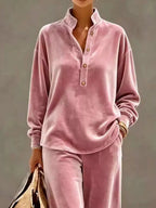 Full Size Half Button Top Wide Leg Pants Set Plus (4)