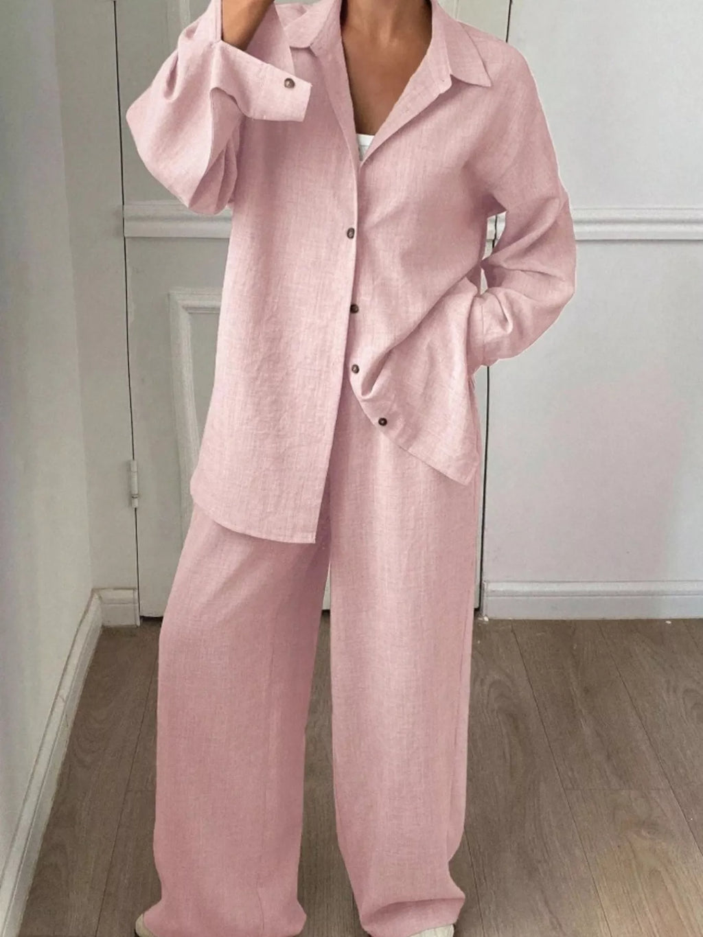 Button-down Shirt Wide-leg Pants Set (32)