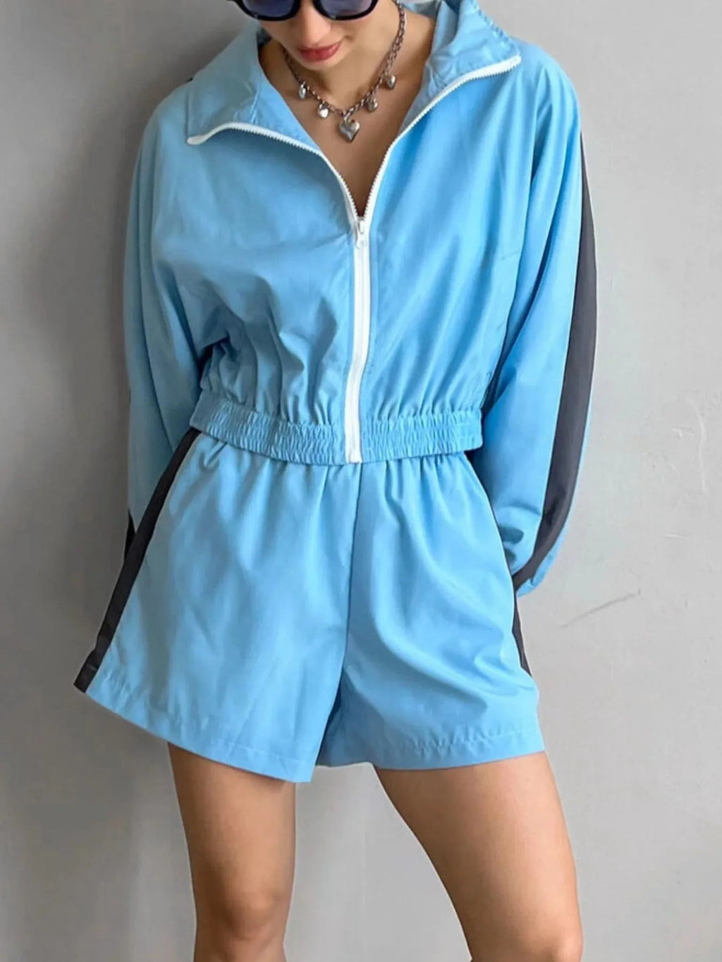 Zip Up Long Sleeve Jacket Shorts Set (4)