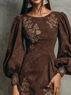 Boho Brown Puff Sleeve Floral Embroidered Suede Mini Dress photo 1