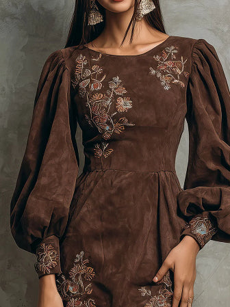 Boho Brown Puff Sleeve Floral Embroidered Suede Mini Dress photo 1