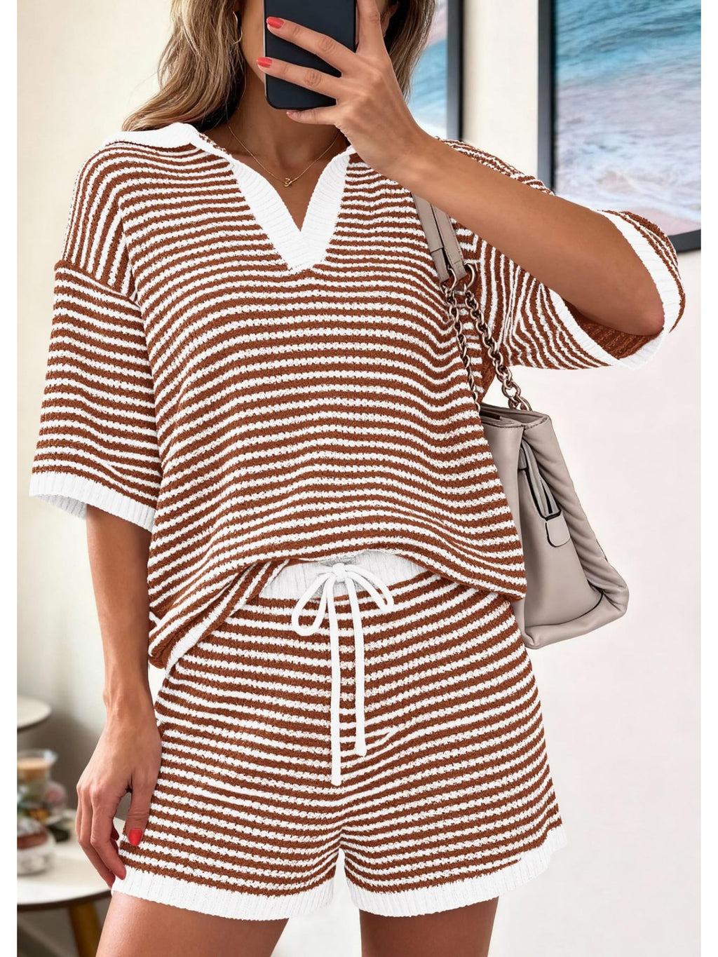 Striped Knit Polo Shirt Shorts Set (11)