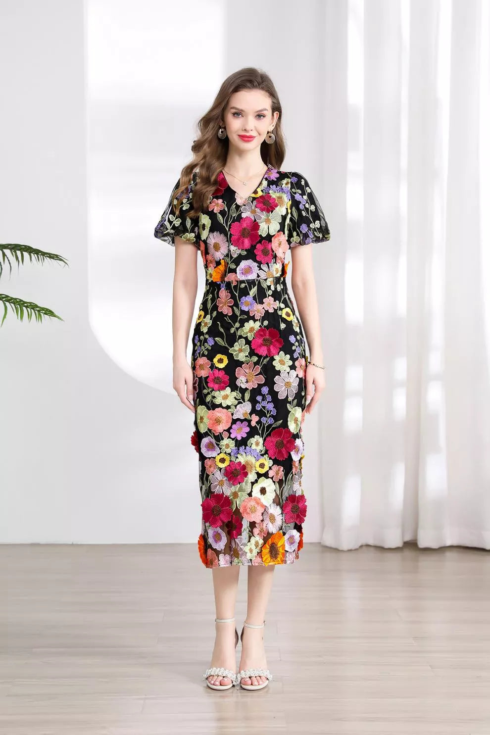 Floral Embroidered Puff Sleeve Midi Dress (29)