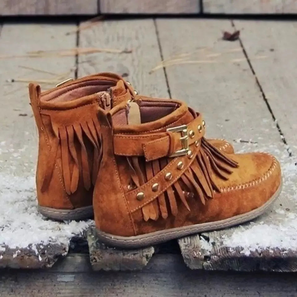 Fringe Studded Suede Flat Boots (8)