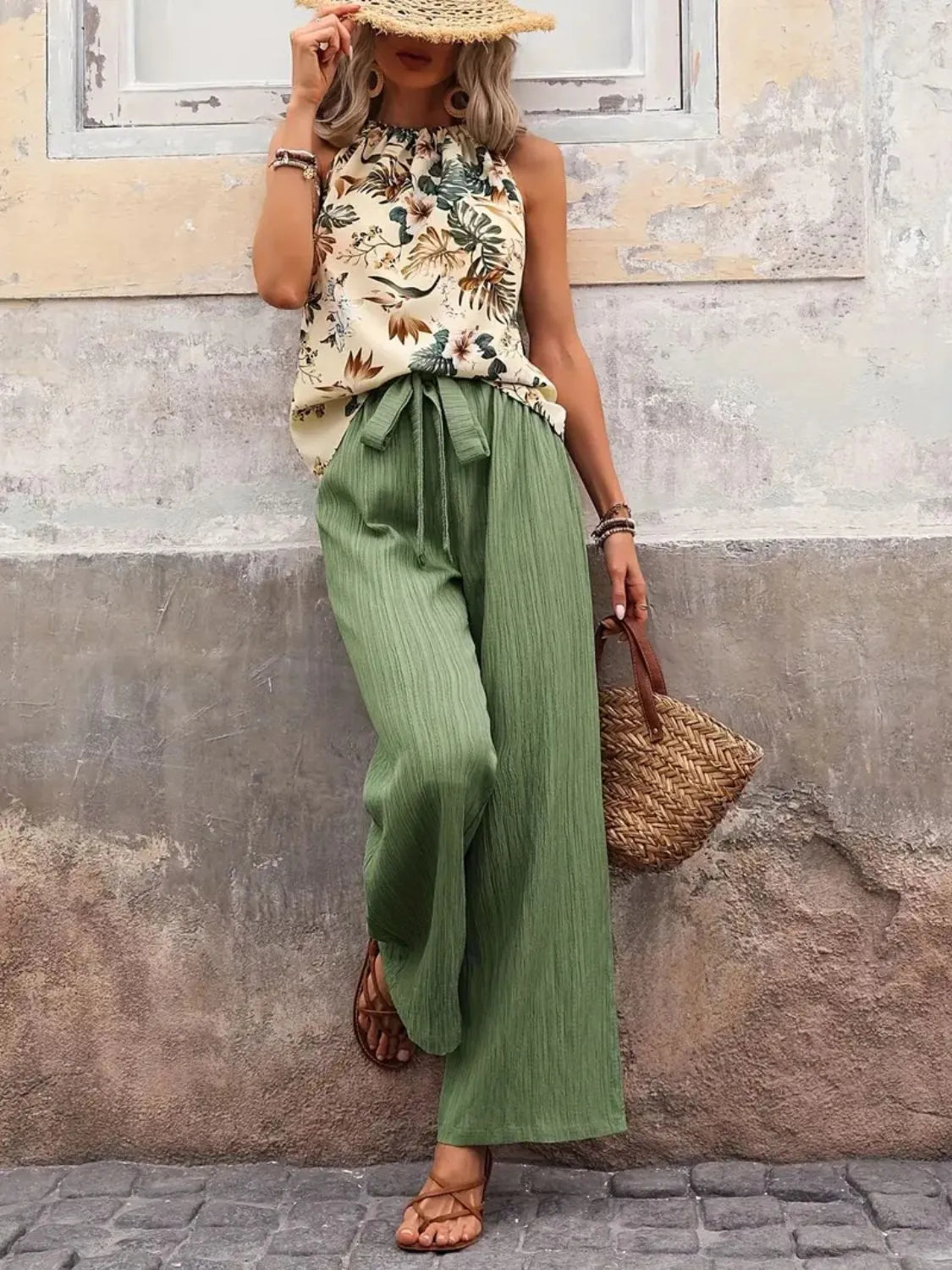 Printed Tank Top Wide Leg Pants Set (29)