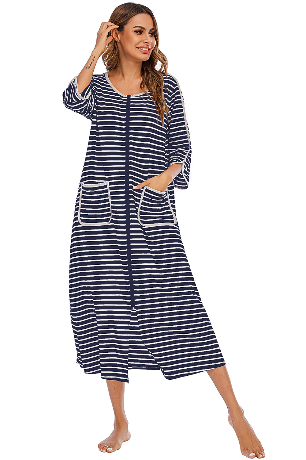 Round Neck Three-quarter Sleeve Midi Night Dress (3)