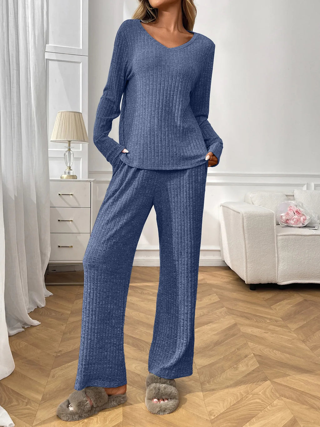Ribbed Long Sleeve Top Pants Lounge Set