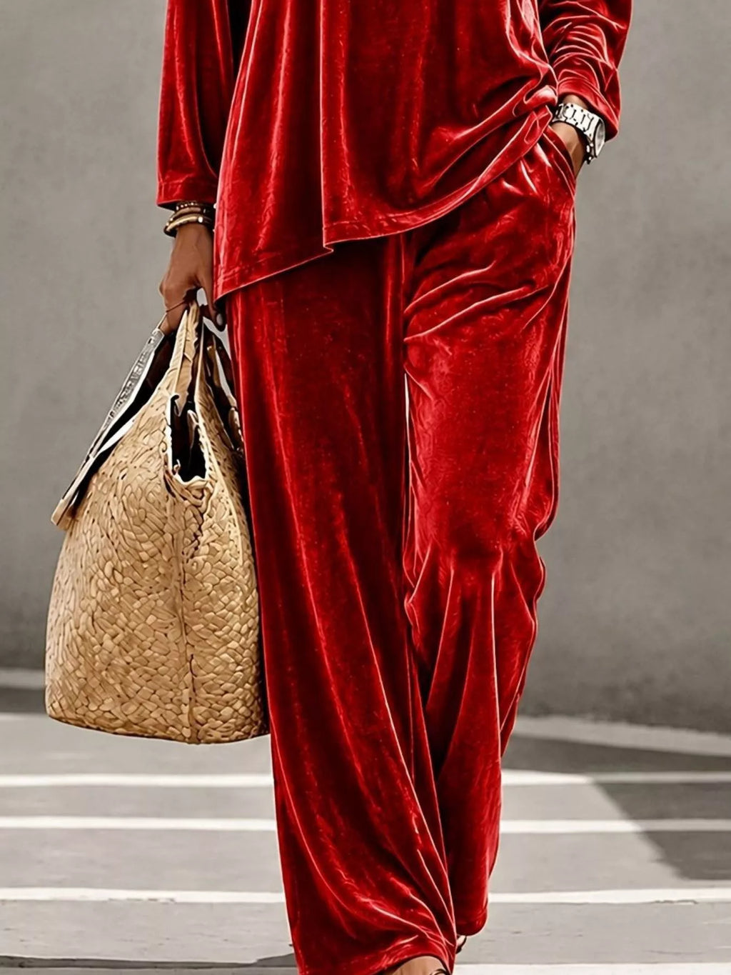 Full Size Velvet Long Sleeve Top Pants Set Plus (3)