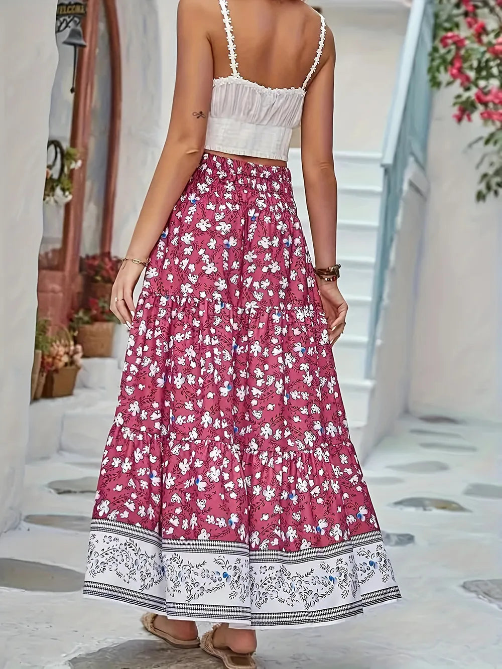 Full Size Tiered Printed Elastic Waist Skirt (2)