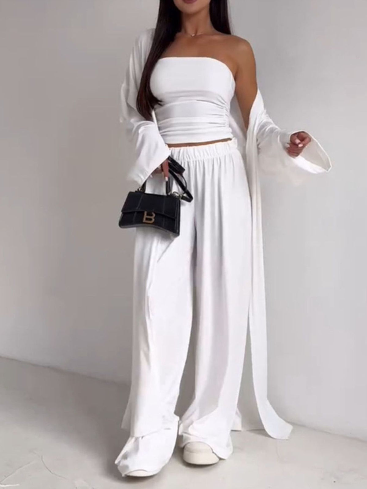 Tube Top Cardigan Pants Three Piece Set (12)