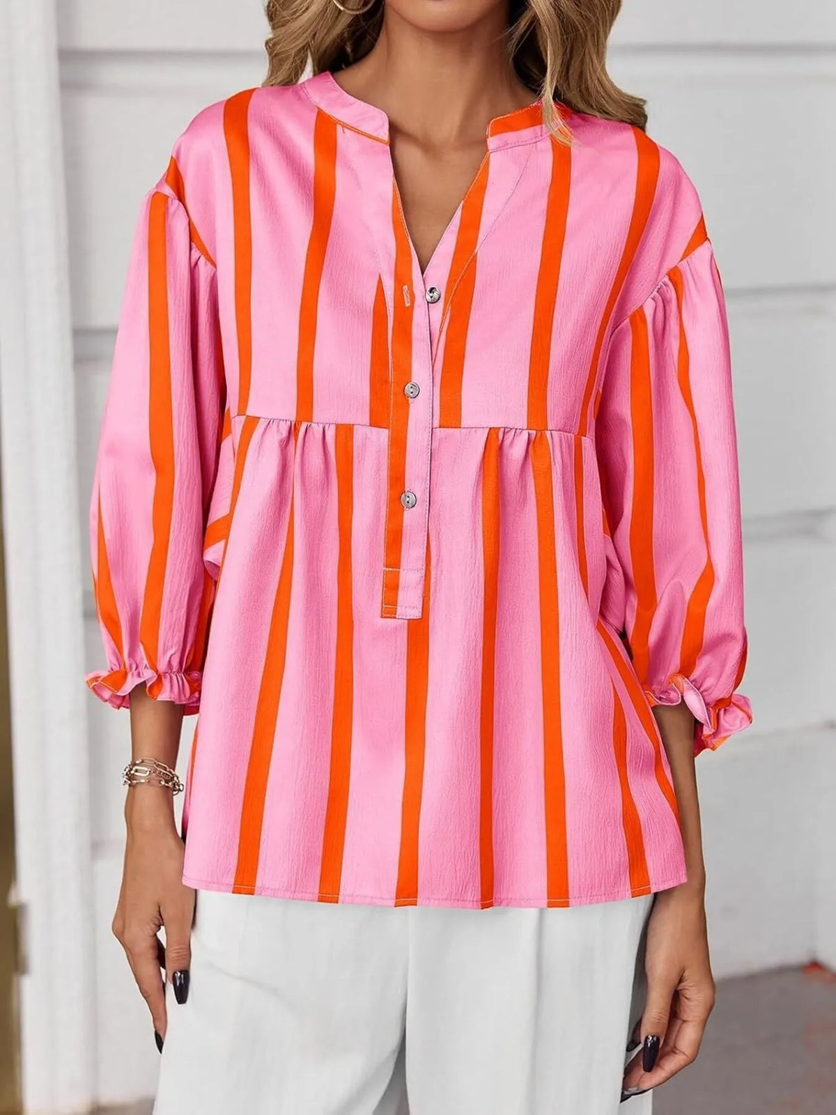Striped Button Front Notched Blouse (12)