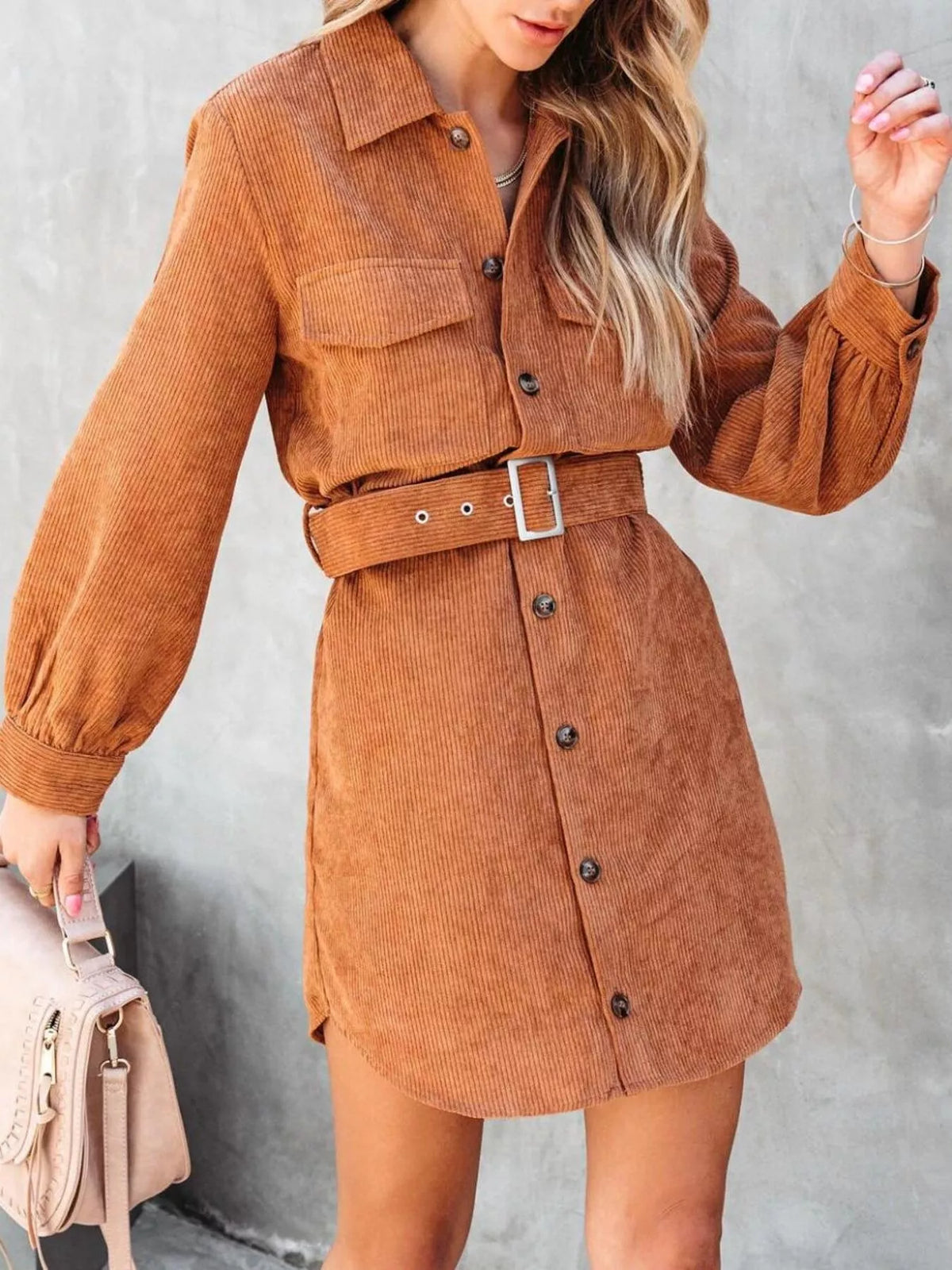 Button Front Belt Long Sleeve Corduroy Dress (6)