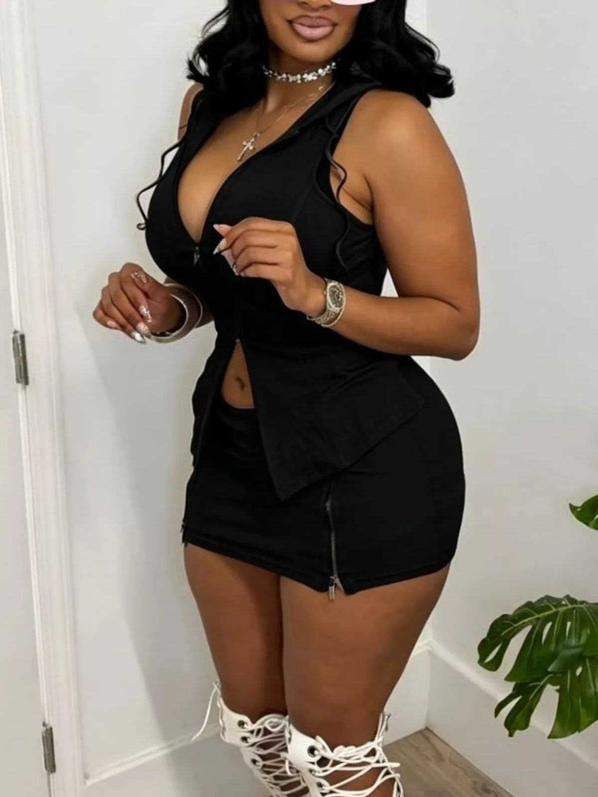 Hooded Zippered Sleeveless Top Skirt Set (5)