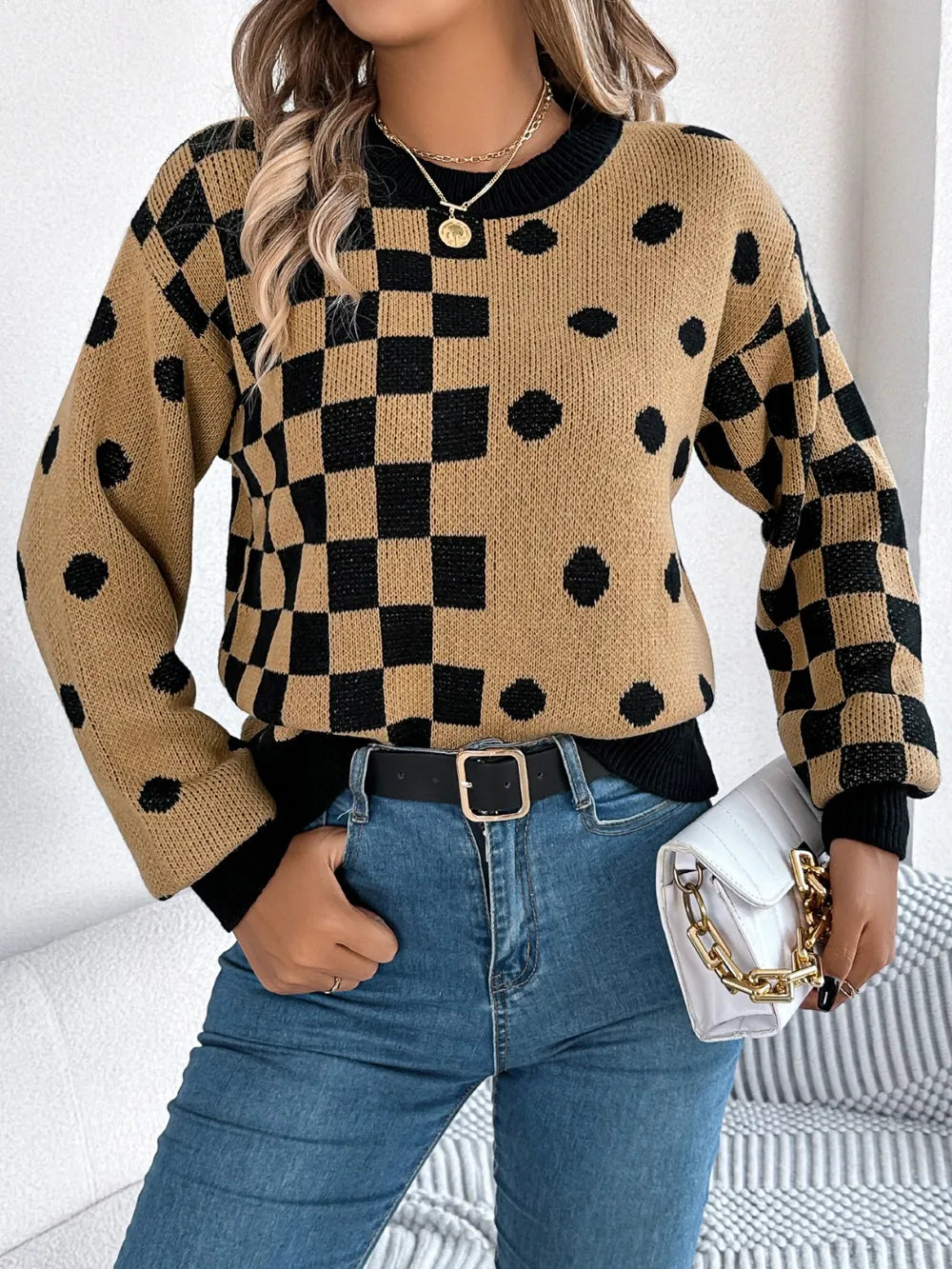 Plaid Round Neck Long Sleeve Sweater (17)