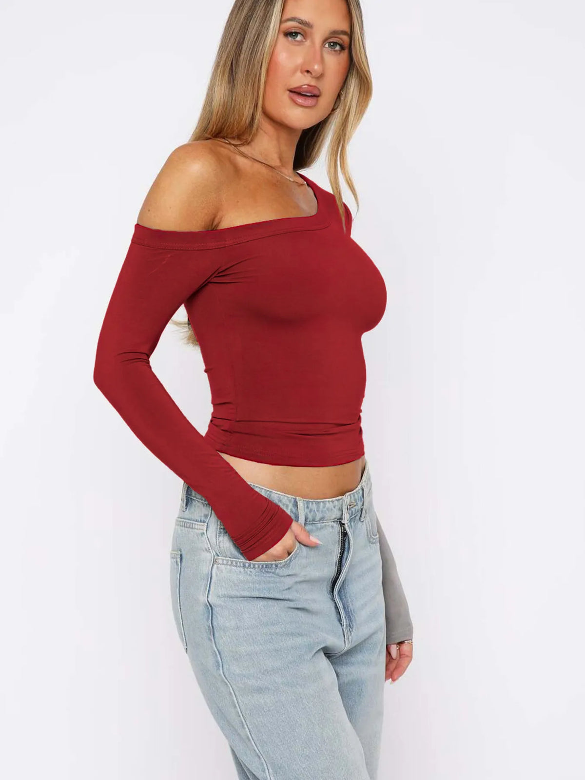 One Shoulder Long Sleeve Crop T-shirt (9)