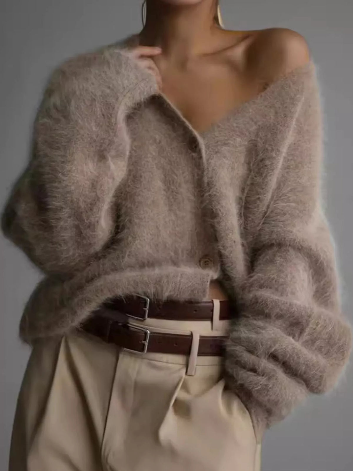 Fuzzy V-neck Button-down Cardigan (14)