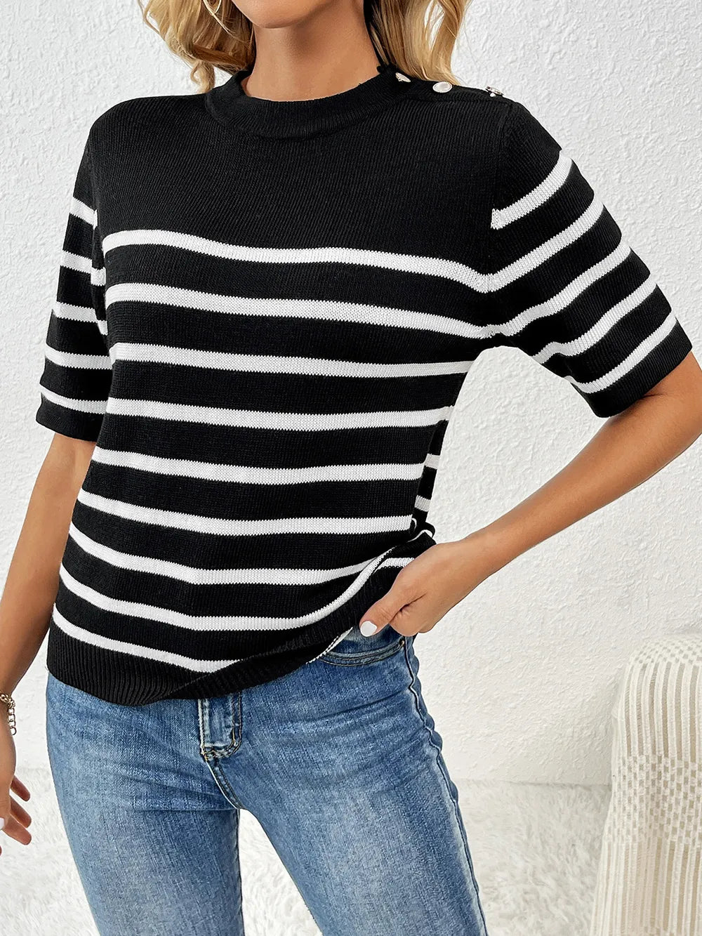 Striped Round Neck Half Sleeve Knit Top (3)