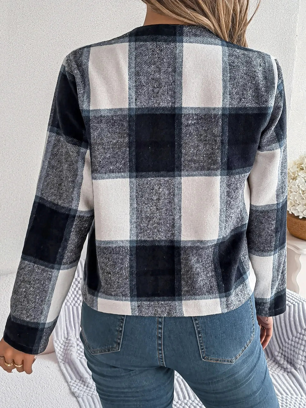Plaid Open Front Long Sleeve Jacket (4)
